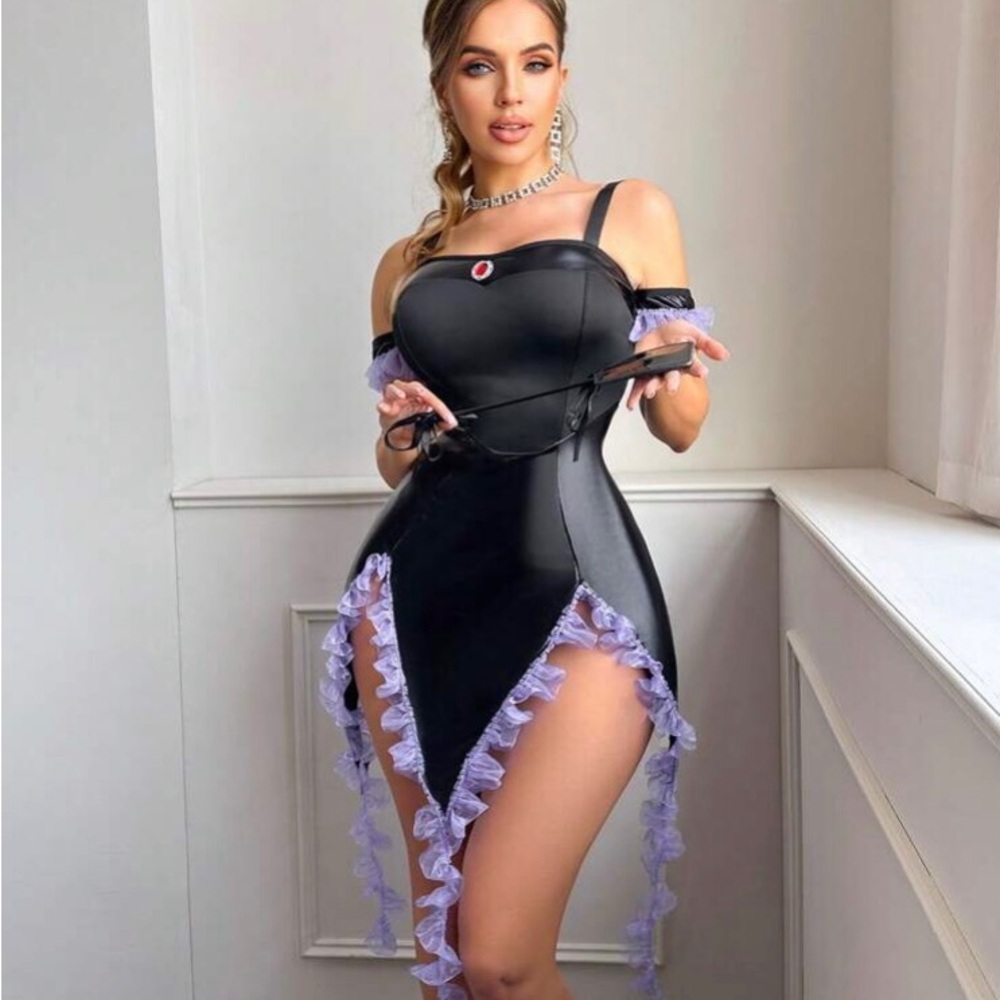 SHEIN Black Satin Asymmetrical Mini Dress with Lavender Ruffle Trim
